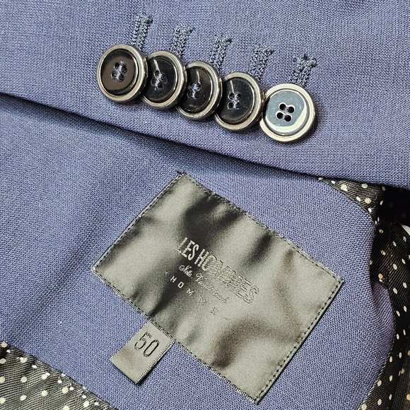 Les Hommes Wool Blend Blue Modern Collar Working Cuffs Blazer Sport Jacket 40R - Picture 10 of 11